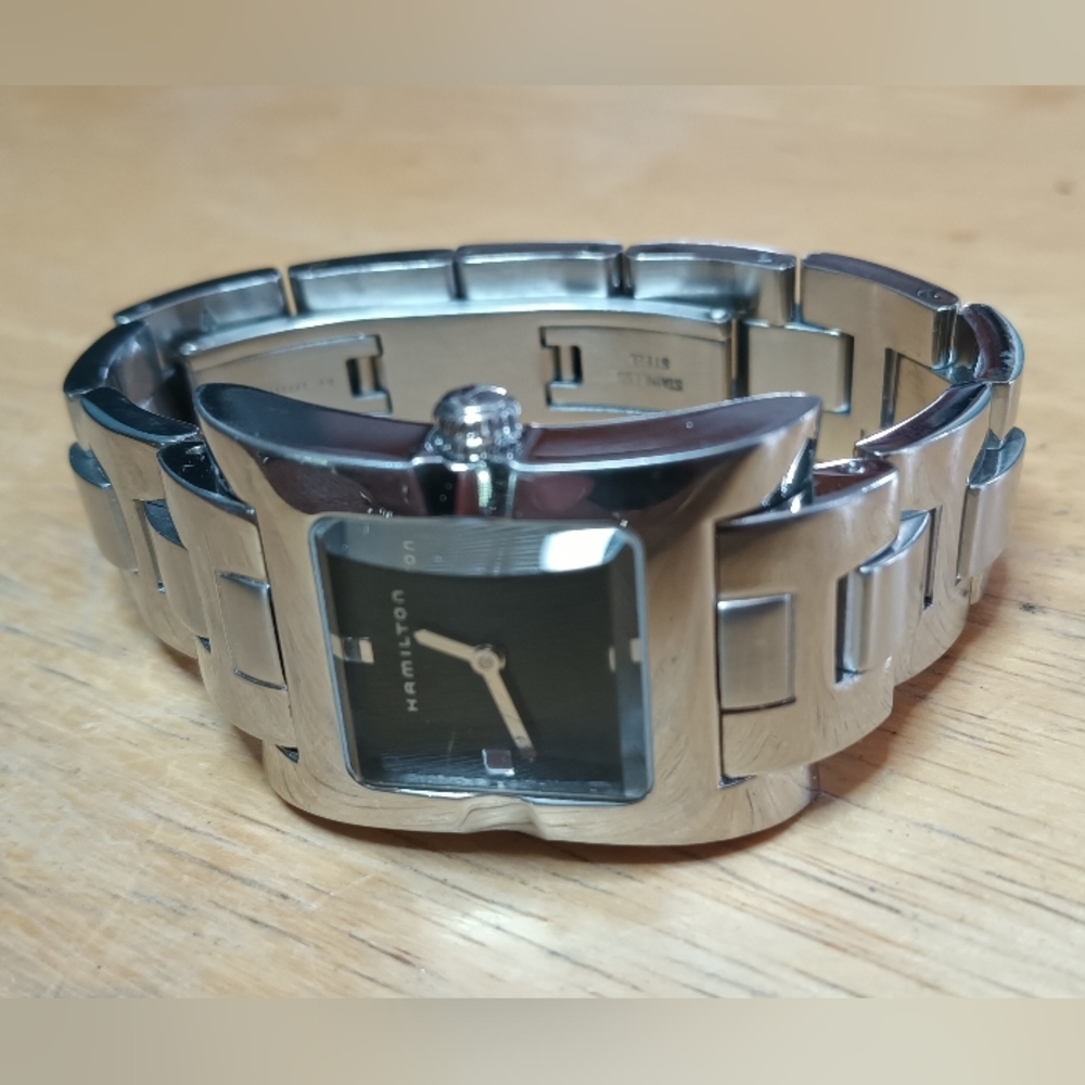 X Hamilton Ladies Quartz watch Textured black dial Curved Cut Crystal Silver .